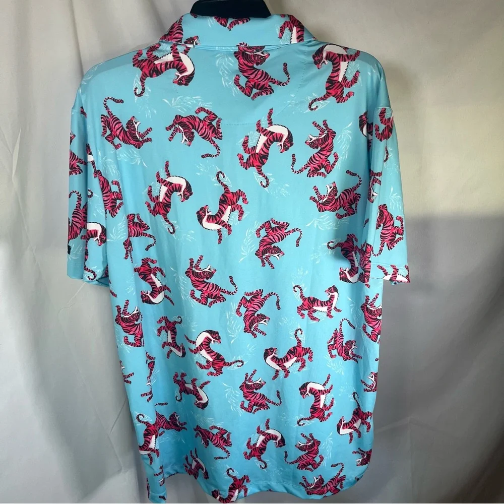 Bad Birdie Men's Tiger Watch Golf Polo Shirt Light Blue and‎ Red Size XL